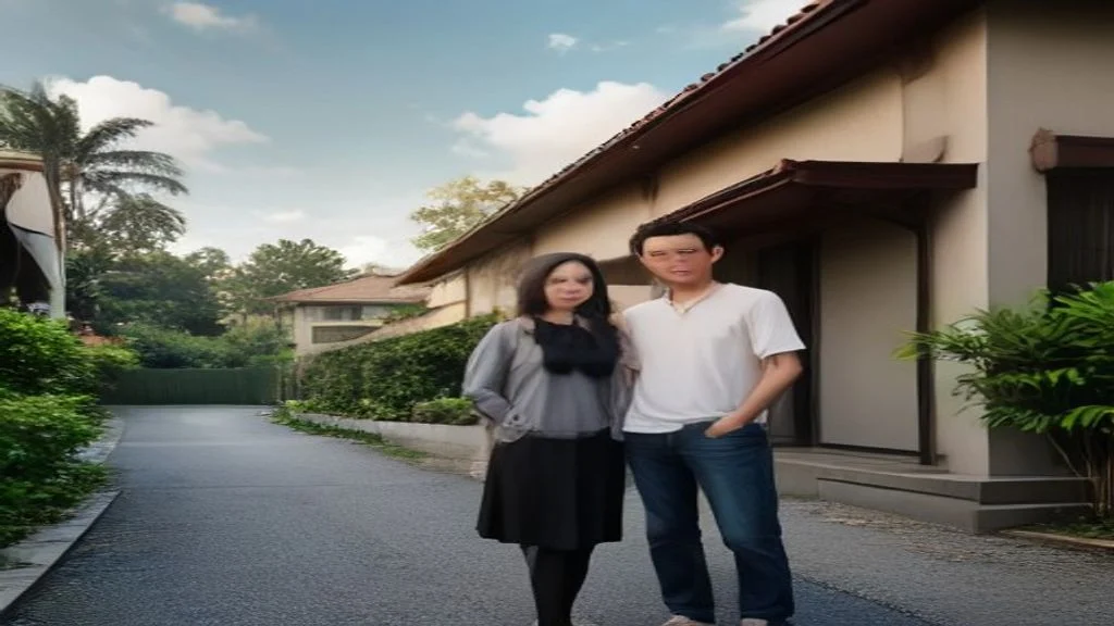 Foto tampak depan Perumahan Harmoni Primavera dengan taman hijau, kolam renang, dan rumah modern bergaya minimalis.
